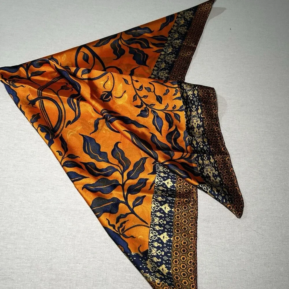 boho chic floral satin square scarf features a vibrant orange base, silky, purse